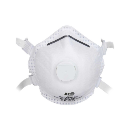 FFP3 Masken Weiße Atemschutzmaske mit Ausatemventil und elastischen Bändern.