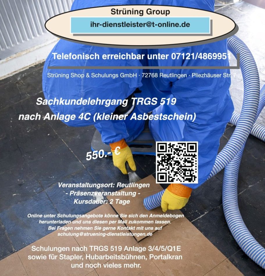 Sachkundelehrgang TRGS 519 nach Anlage 4C ( kleiner Asbestschein )