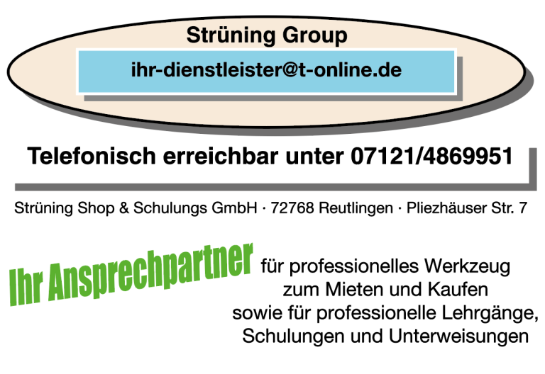 Schulungen nach TRGS Logo Strüning Group mit e-Mail ihr-dienstleister@t-online.de Telefonnummer 07121/4869951 Adresse 72768 Reutlingen Pliezhäuser Str. 7